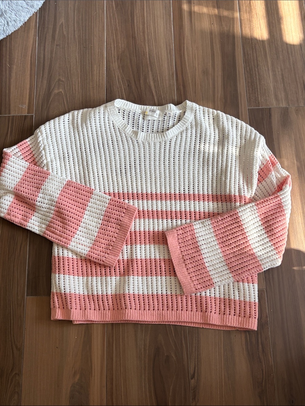 Open-Knit Striped Crewneck Sweater - Pink & Cream